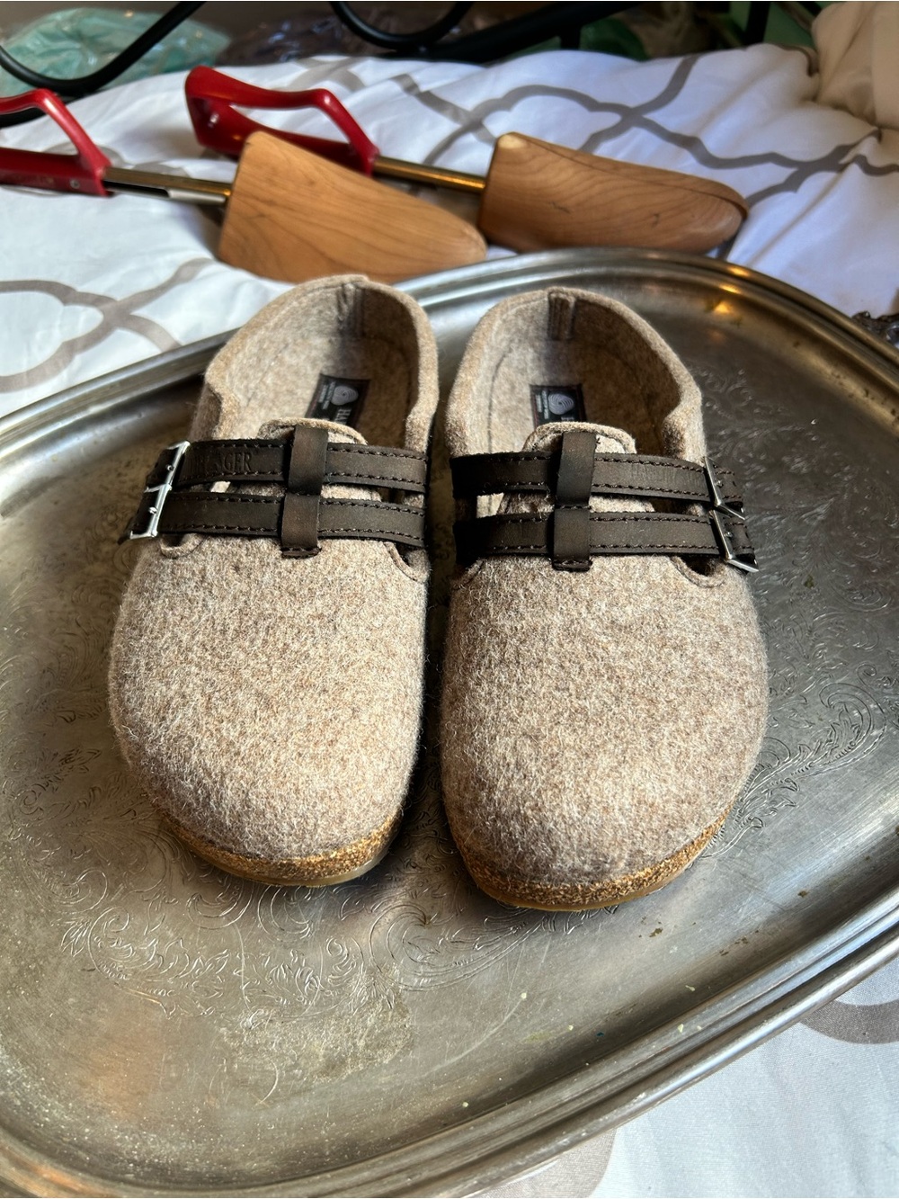 Haflinger Tan Felt Slip-On Haley clog with Dark Brown Leather Straps- 38